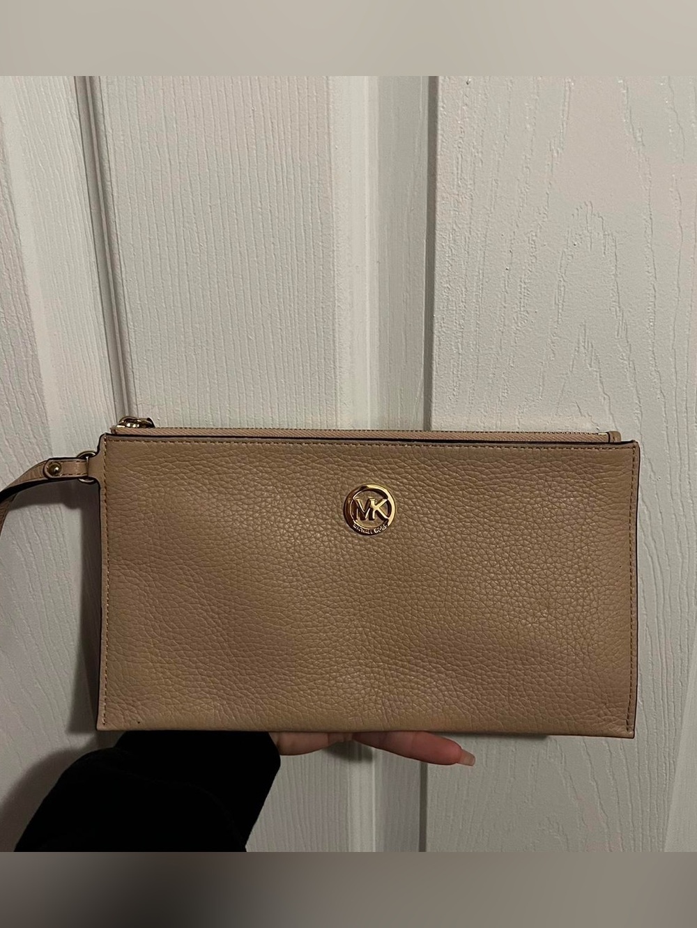 Michael Kors Tan Pebbled Leather Wristlet Clutch with Gold Logo